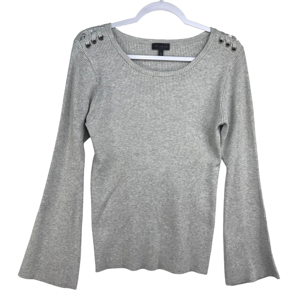 The Limited Womens Gray Ribbed Knit Bell Sleeve Lace Up Shoulder Sweater Large